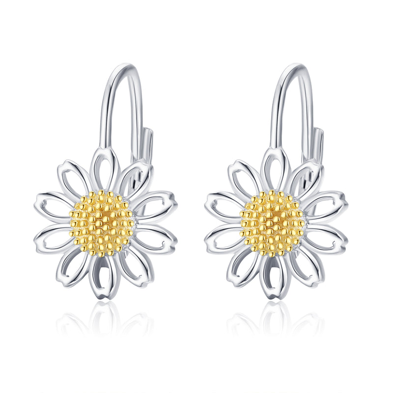 Daisy Leverback Hoop Earrings in White Gold Plated Sterling Silver - Otaj Gifts