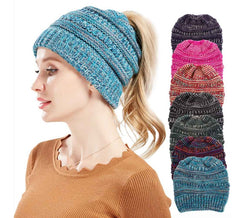 Mixed Color Knitted Wool Hat Ladies Non-labeled Ponytail Hat - Otaj Gifts