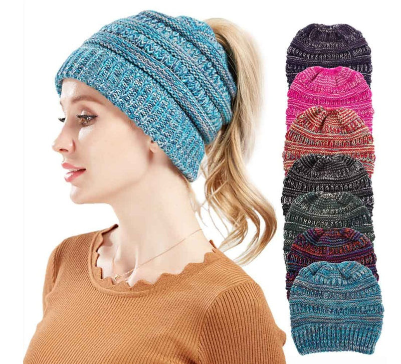 Mixed Color Knitted Wool Hat Ladies Non-labeled Ponytail Hat - Otaj Gifts