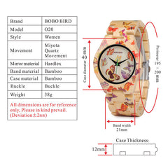 BOBO BIRD O20 Butterfly Print Women Watches All Bamboo Made Quartz Wristwatch for Ladies in Wooden Gift Box - Otaj Gifts