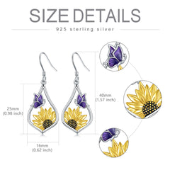 Sterling Silver Sunflower Dangle Earrings with Purple Butterfly Gift for Women - Otaj Gifts