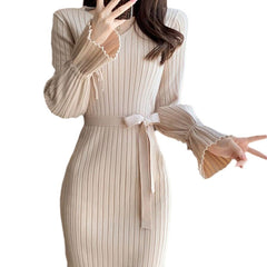Bell Sleeve Solid Color Knitted Dress Autumn And Winter - Otaj Gifts