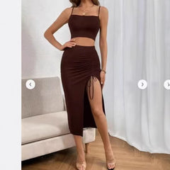 Slim Fit Sleeveless Split Mid-length Dress Set Women - Otaj Gifts