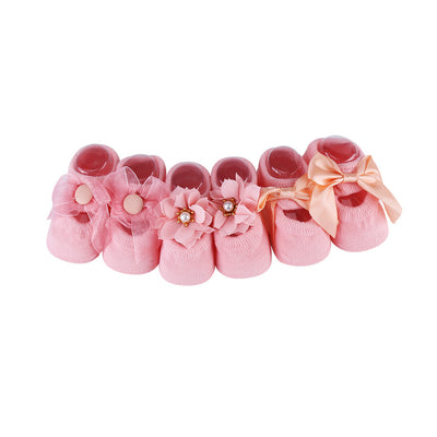 3 Pairs Set Cotton Anti slip Lace Flower Bow Floor Socks For Baby Toddler Pink M(1-3 Years Old) - Otaj Gifts