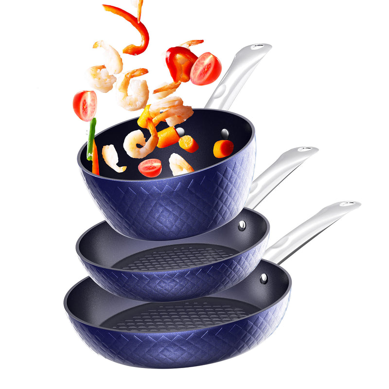Frying Pan Sets Non Stick 3Pieces Blue 3D Diamond Cookware - Otaj Gifts