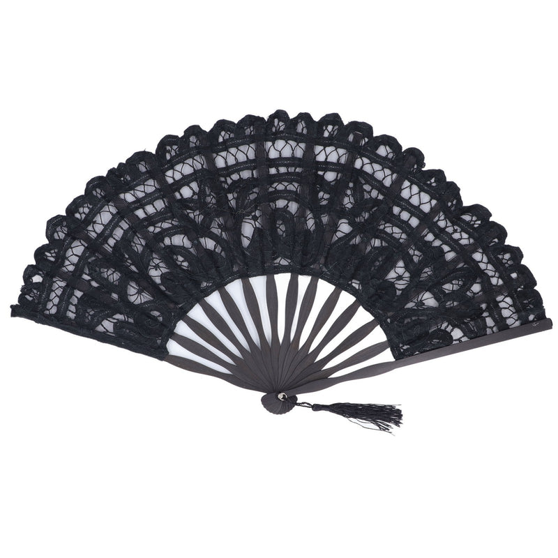 Folding Fan Hallow Lace Bamboo Bones Vintage Style Hand Fan with Tassel for Performance Clothes Decoration GiftBlack - Otaj Gifts
