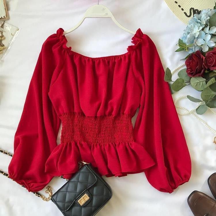 Women's Chiffon Shirt Off-shoulder Shoulder-baring Spring And Autumn Korean Style Waist-controlled Top - Otaj Gifts