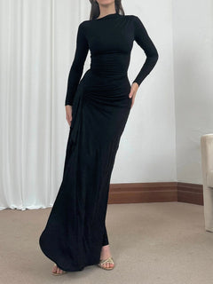 Slim-fitting Long-sleeved Asymmetric Split Dress Ins Fashion Solid Color Long Dresses For Women - Otaj Gifts