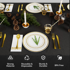 Set Of 50 Flat Plastic Round Gold Disposable Cutlery Containing Large And Small Plates, Cups, Cutlery, Paper Towels, Straws - Otaj Gifts