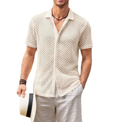 Summer Mesh Short Sleeve Shirt Fashion Solid Color Lapel Shirt Tops Beach Men Clothing - Otaj Gifts
