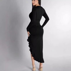 Round Neck Long Sleeve Slim Solid Color Frill Split Ruffled Dress - Otaj Gifts
