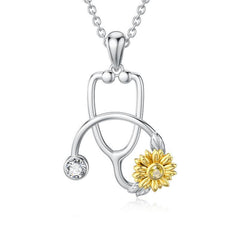 925 Sterling Silver Sunflower Stethoscope Medical Doctor Nurse Student Graduation Pendant Necklace - Otaj Gifts