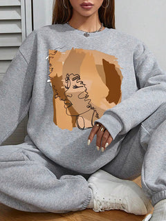 Women Basic Casual Pullover Spring Autumn Long Sleeve Female Profile Printed Round Neck - Otaj Gifts