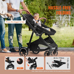 Standard Baby Stroller, Infant Toddler Stroller With Bassinet, 3rd-Gear Adjustable Backrest & Foldable & Reversible Seat, Carbon Steel Newborn Stroller With Leg Cover And Mesh Net, Black - Otaj Gifts