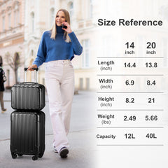 FCH Vertical Pattern 2-Piece Set 20 Inch Expandable With 14 Inch Suitcase, ABS, PC Trolley Case, 14in 20in Silent Wheels, Inner Iron And Outer Aluminum Tie Rod, Classic Color- Black - Otaj Gifts