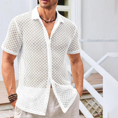 Summer Mesh Short Sleeve Shirt Fashion Solid Color Lapel Shirt Tops Beach Men Clothing - Otaj Gifts