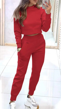 Stand Collar Sports Suit Fashion Pullover Long-sleeves Short Top And Slim Trousers With Pockets Solid Outfits Women's Clothing - Otaj Gifts