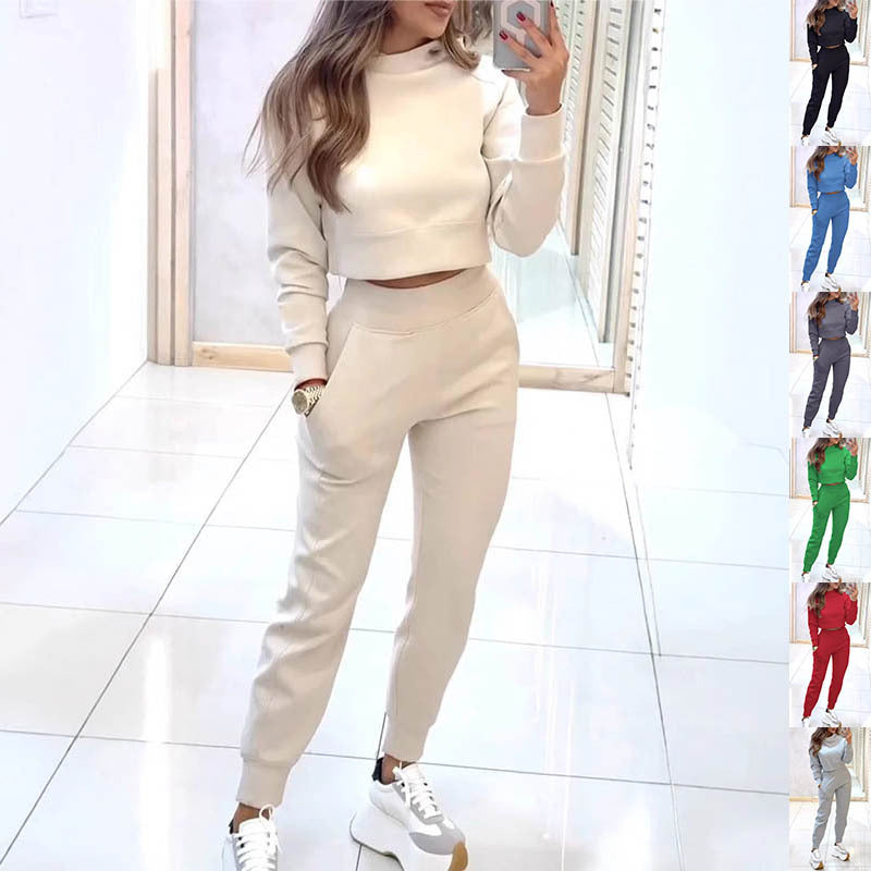 Stand Collar Sports Suit Fashion Pullover Long-sleeves Short Top And Slim Trousers With Pockets Solid Outfits Women's Clothing - Otaj Gifts