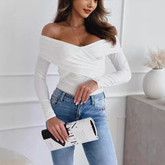Women's Fashion Shoulder-baring Long-sleeved T-shirt - Otaj Gifts