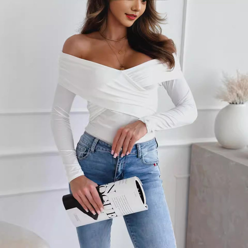 Women's Fashion Shoulder-baring Long-sleeved T-shirt - Otaj Gifts