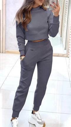 Stand Collar Sports Suit Fashion Pullover Long-sleeves Short Top And Slim Trousers With Pockets Solid Outfits Women's Clothing - Otaj Gifts