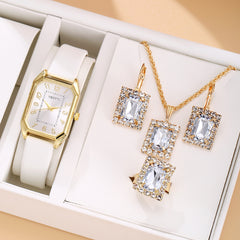 Leather Women's Watch Square Quartz Watch Korean Necklace Earrings Ring Set - Otaj Gifts