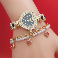 Fashion Diamond-embedded Love Heart-shaped Bracelet Watch Suit - Otaj Gifts