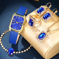 Leather Women's Watch Square Quartz Watch Korean Necklace Earrings Ring Set - Otaj Gifts