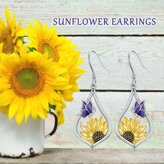 Sterling Silver Sunflower Dangle Earrings with Purple Butterfly Gift for Women - Otaj Gifts