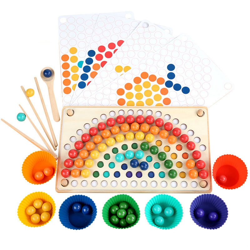 Wooden Peg Board Beads Game Educational Rainbow Clip Beads Puzzle Sorting Toys for Toddlers Preschoolers - Otaj Gifts