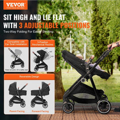 Standard Baby Stroller, Infant Toddler Stroller With Bassinet, 3rd-Gear Adjustable Backrest & Foldable & Reversible Seat, Carbon Steel Newborn Stroller With Leg Cover And Mesh Net, Black - Otaj Gifts
