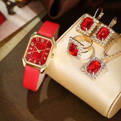Leather Women's Watch Square Quartz Watch Korean Necklace Earrings Ring Set - Otaj Gifts