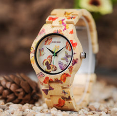 BOBO BIRD O20 Butterfly Print Women Watches All Bamboo Made Quartz Wristwatch for Ladies in Wooden Gift Box - Otaj Gifts