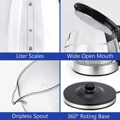 Electric Kettle Water Boiler, 1.8L Electric Tea Kettle, Wide Opening Hot Water Boiler With LED Light, Auto Shut-Off & Boil Dry Protection, Glass Black - Otaj Gifts
