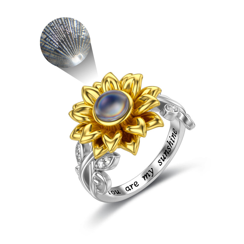 Sterling Silver Sunflower Ring with I Love You in 100 Languages You Are My Sunshine - Otaj Gifts