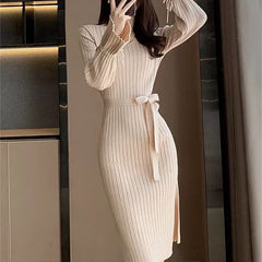 Bell Sleeve Solid Color Knitted Dress Autumn And Winter - Otaj Gifts