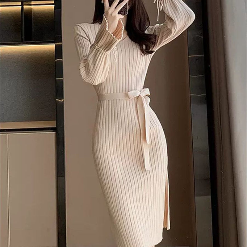 Bell Sleeve Solid Color Knitted Dress Autumn And Winter - Otaj Gifts