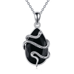 Sterling Silver Black Obsidian Tourmaline Crystal Snake Necklace Jewelry as Gifts - Otaj Gifts