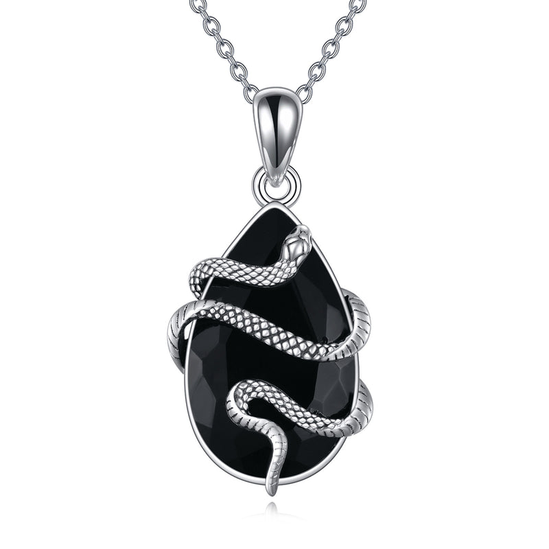 Sterling Silver Black Obsidian Tourmaline Crystal Snake Necklace Jewelry as Gifts - Otaj Gifts