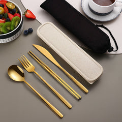 304 Dinnerware Set Flatware Kitchen Accessories Camping Travel Sets Gold Knife Fork Spoon Portable Cutlery Sets With Case - Otaj Gifts
