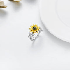 Sterling Silver Sunflower Ring with I Love You in 100 Languages You Are My Sunshine - Otaj Gifts