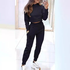 Stand Collar Sports Suit Fashion Pullover Long-sleeves Short Top And Slim Trousers With Pockets Solid Outfits Women's Clothing - Otaj Gifts