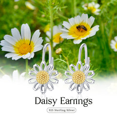 Daisy Leverback Hoop Earrings in White Gold Plated Sterling Silver - Otaj Gifts