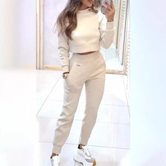 Stand Collar Sports Suit Fashion Pullover Long-sleeves Short Top And Slim Trousers With Pockets Solid Outfits Women's Clothing - Otaj Gifts