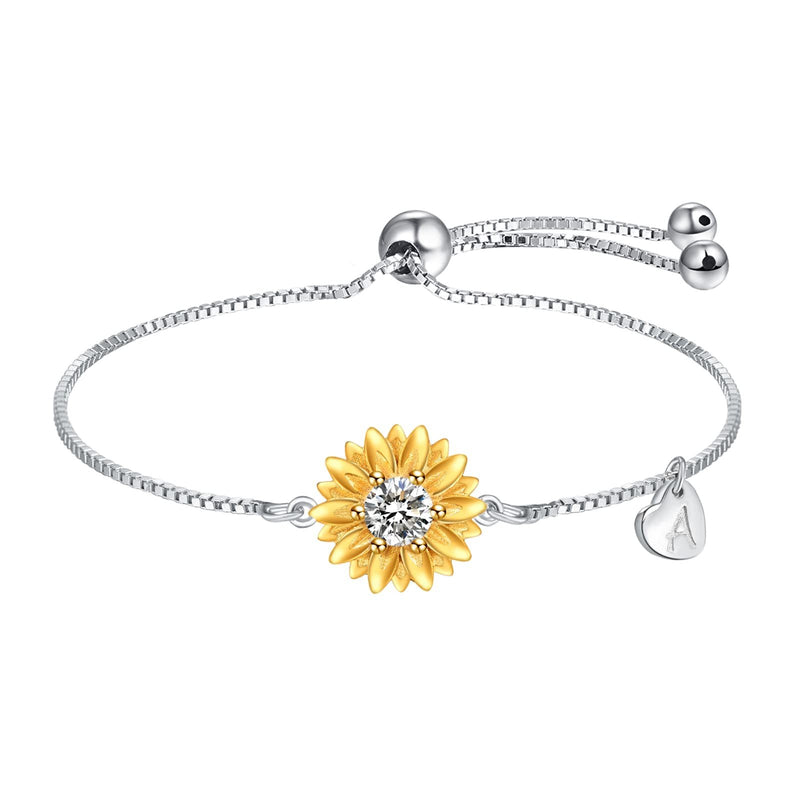Sunflower Bracelets with Initial A Sterling Silver Sunflower Gifts for Women Girls Sunflower Jewelry - Otaj Gifts