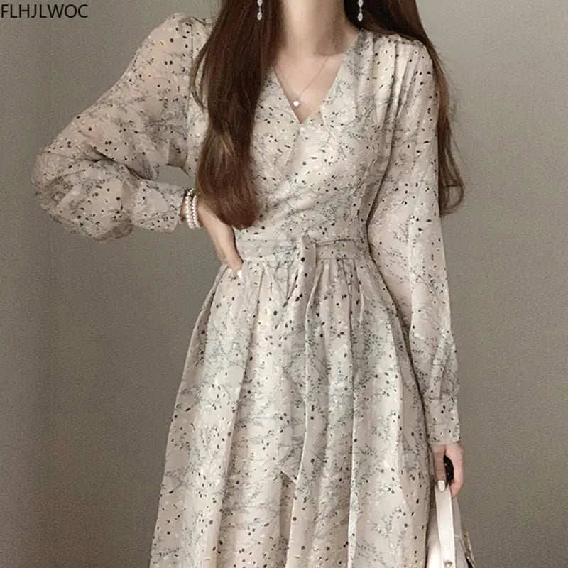 Basic Long Dress Long Sleeve V Neck Floral Printed Retro Vintage A Line Women Dresses Chic Korea Fashion Vestidos - Otaj Gifts
