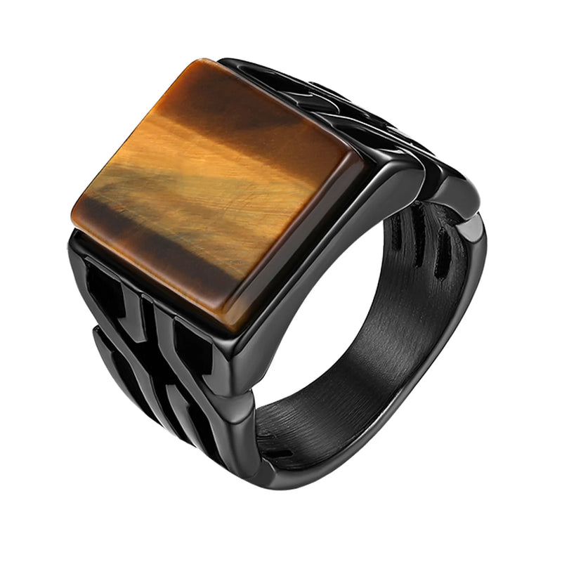 BONISKISS Vintage Men's Ring Tiger Eye Stone Punk Classic Black Color Ring Male Stainless Steel Ring Bijoux Aneis Jewelry Gift - Otaj Gifts