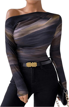 New Fashion Tie-dye Printed Asymmetric Ruffled Long-sleeved T-shirt - Otaj Gifts