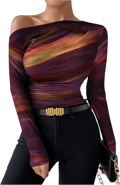 New Fashion Tie-dye Printed Asymmetric Ruffled Long-sleeved T-shirt - Otaj Gifts