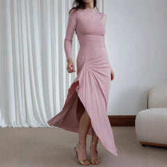 Slim-fitting Long-sleeved Asymmetric Split Dress Ins Fashion Solid Color Long Dresses For Women - Otaj Gifts